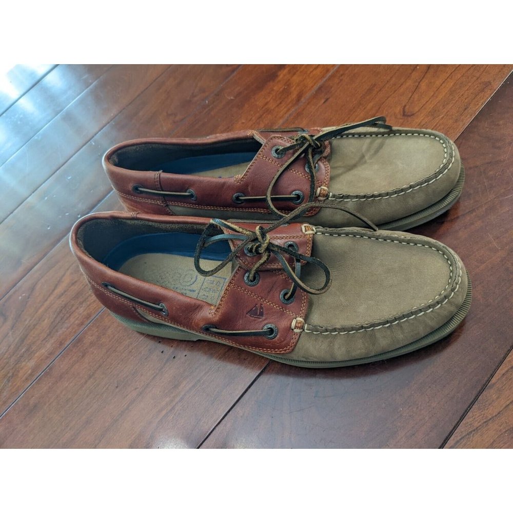 ECCO SEA-PORT TAN NUBUCK BROWN LEATHER SADDLE/HEEL BOAT SHOES EU45, US 11.5